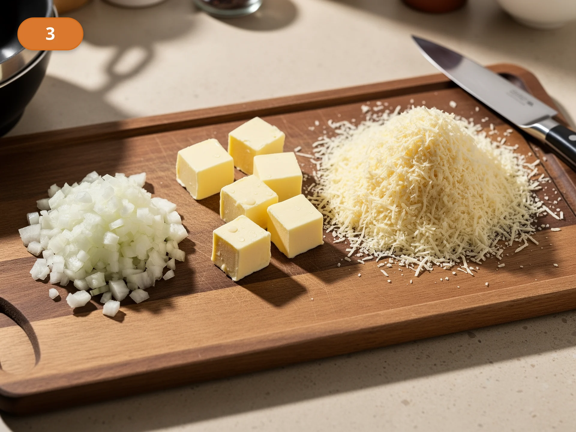 Ризотто по-милански: фото процесса приготовления — мелко нарежьте лук и заранее подготовьте холодное сливочное масло и тёртый пармезан для финальной мантекатуры