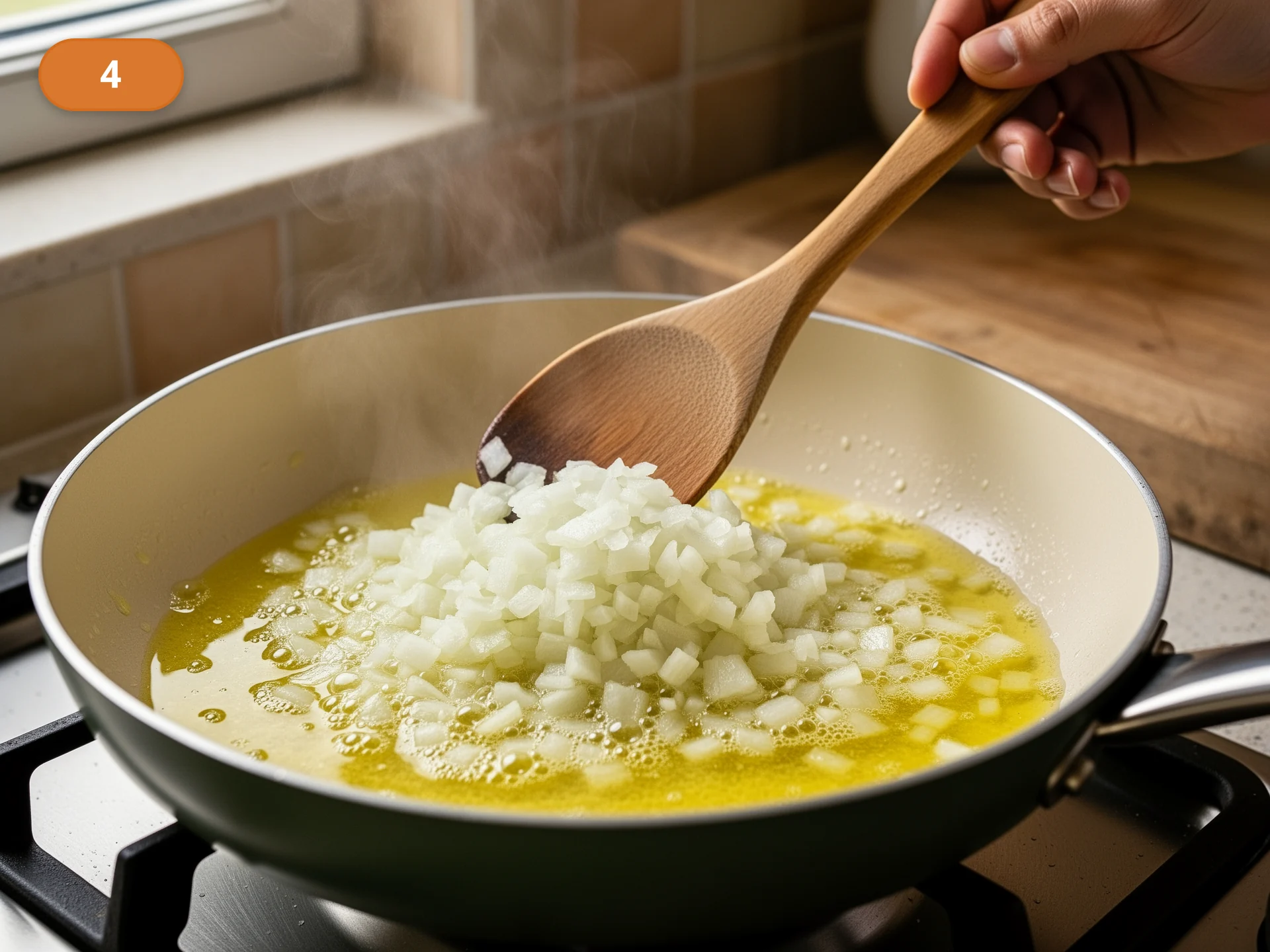 Ризотто по-милански: фото процесса приготовления — растопите часть сливочного масла в широкой тяжёлой кастрюле или сотейнике и прогрейте лук до мягкости без золотистой корочки