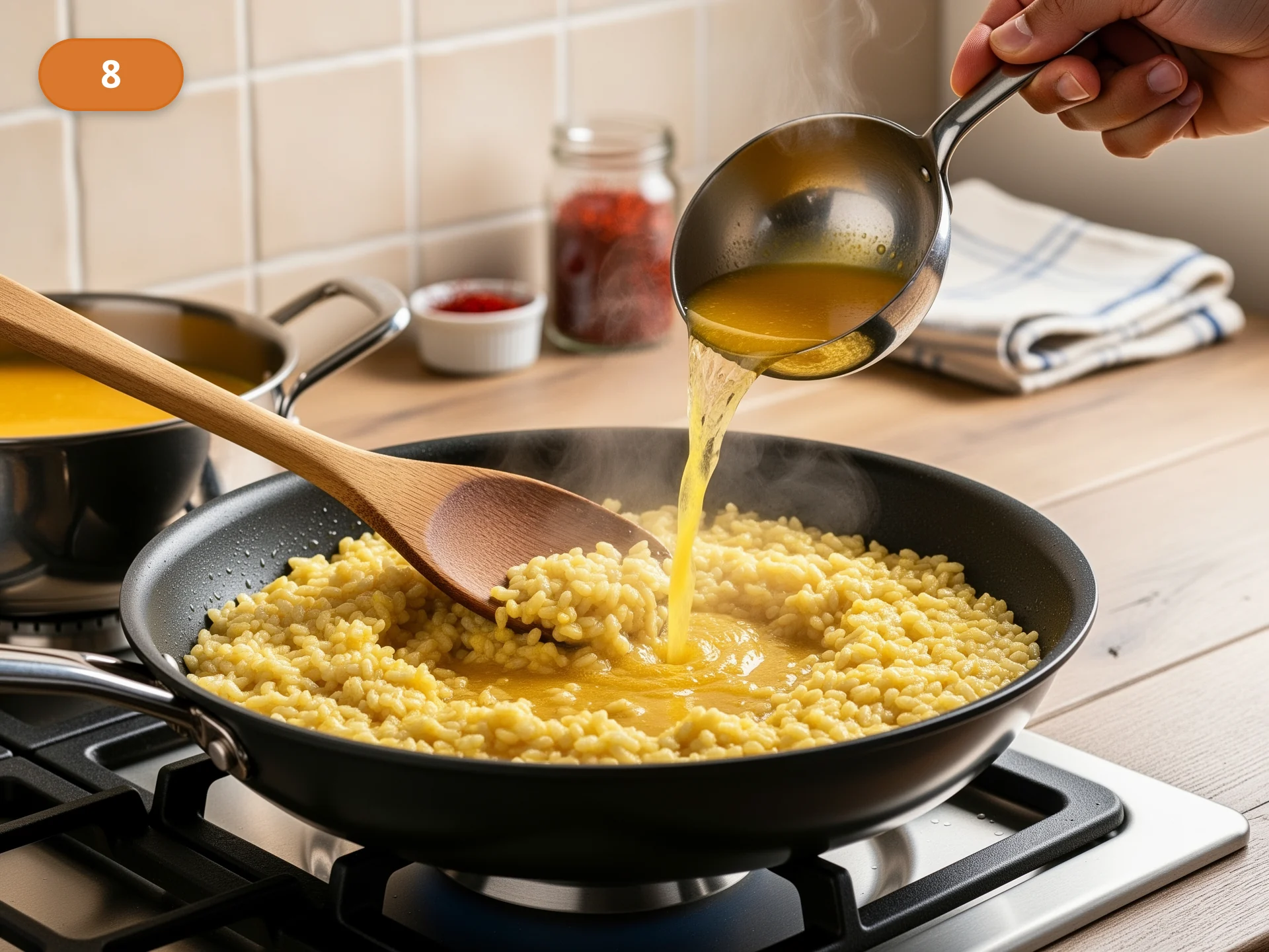 Ризотто по-милански: фото процесса приготовления — добавьте первый половник горячего бульона и мешайте, помогая рису равномерно выпустить крахмал в жидкость