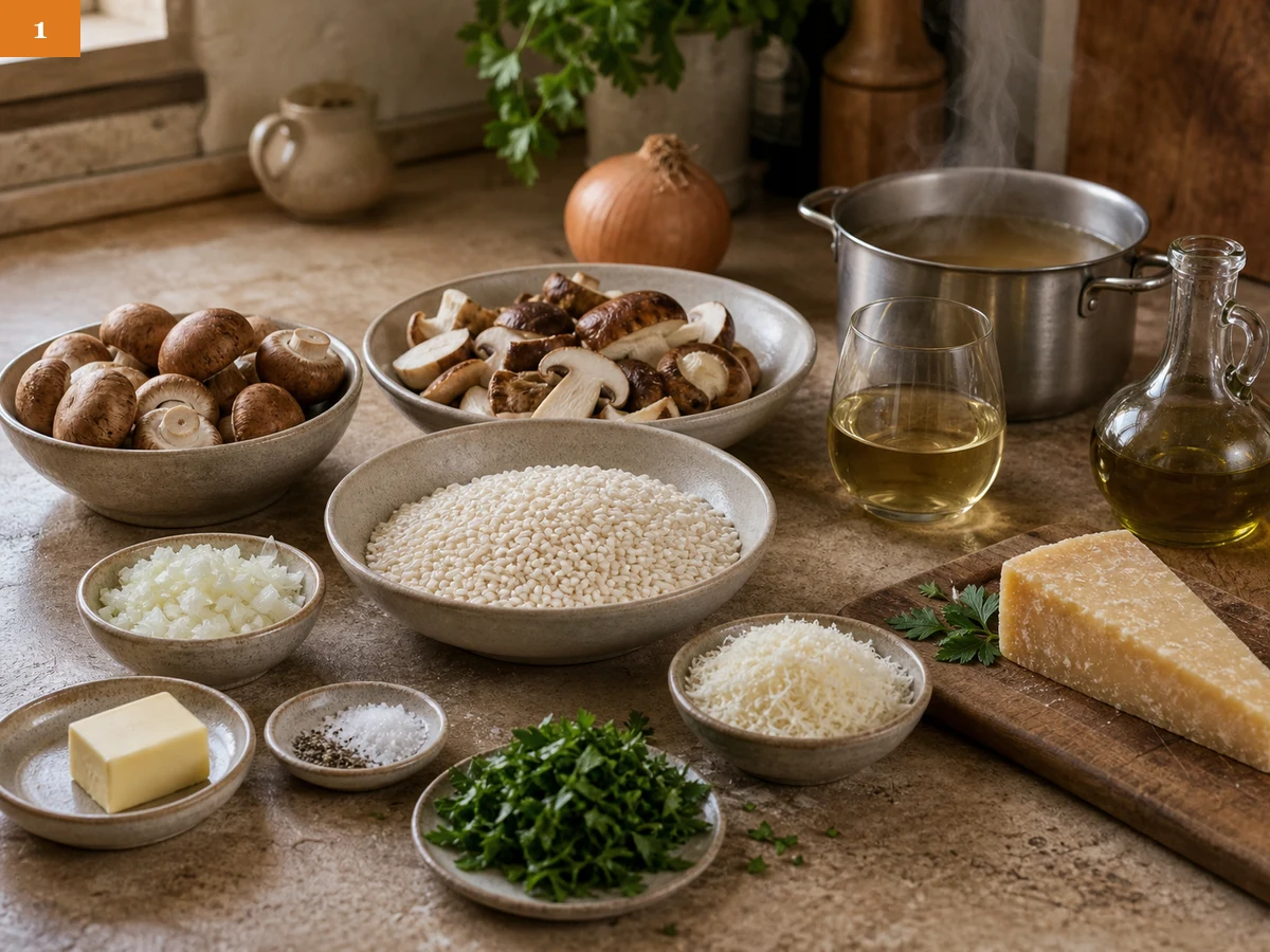 Ризотто с грибами | Фото подпункта 1 | Viva Cucina Ризотто с грибами: фото процесса приготовления — разложите рис арборио, свежие грибы, лук, белое вино, горячий бульон, сливочное масло, пармезан и петрушку перед началом готовки