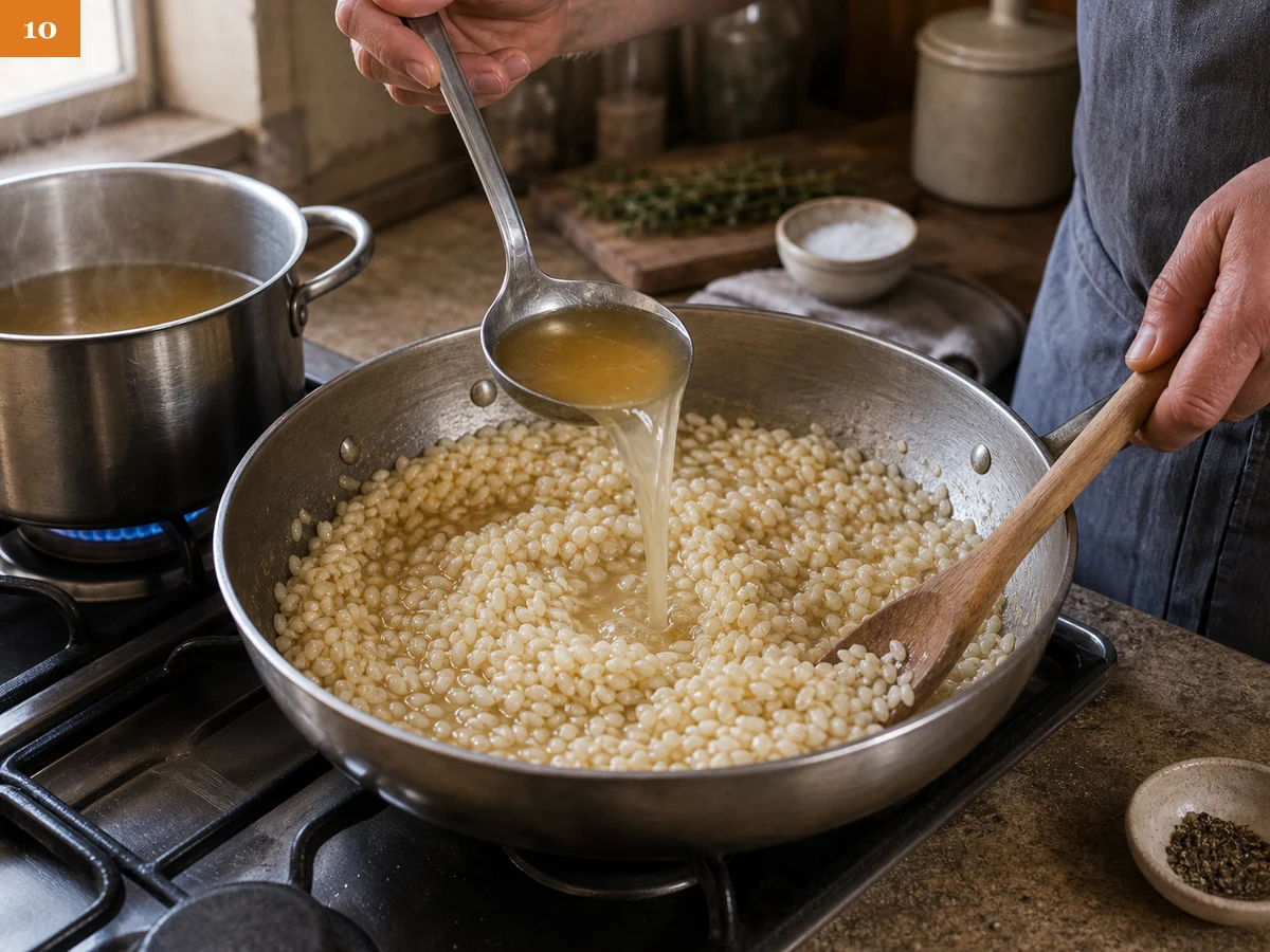 Ризотто с грибами | Фото подпункта 10 | Viva Cucina Ризотто с грибами: фото процесса приготовления — добавьте первый половник горячего бульона и мешайте, пока рис равномерно впитает жидкость