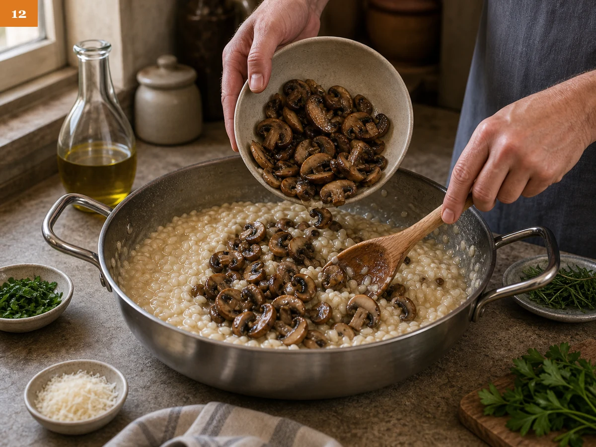 Ризотто с грибами | Фото подпункта 12 | Viva Cucina Ризотто с грибами: фото процесса приготовления — когда рис почти al dente, вмешайте обжаренные грибы и доведите массу до текучей кремовой текстуры