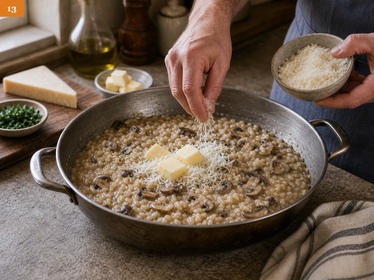 Ризотто с грибами | Фото подпункта 13 | Viva Cucina Ризотто с грибами: фото процесса приготовления — снимите сотейник с огня и добавьте холодное сливочное масло вместе с тёртым пармезаном