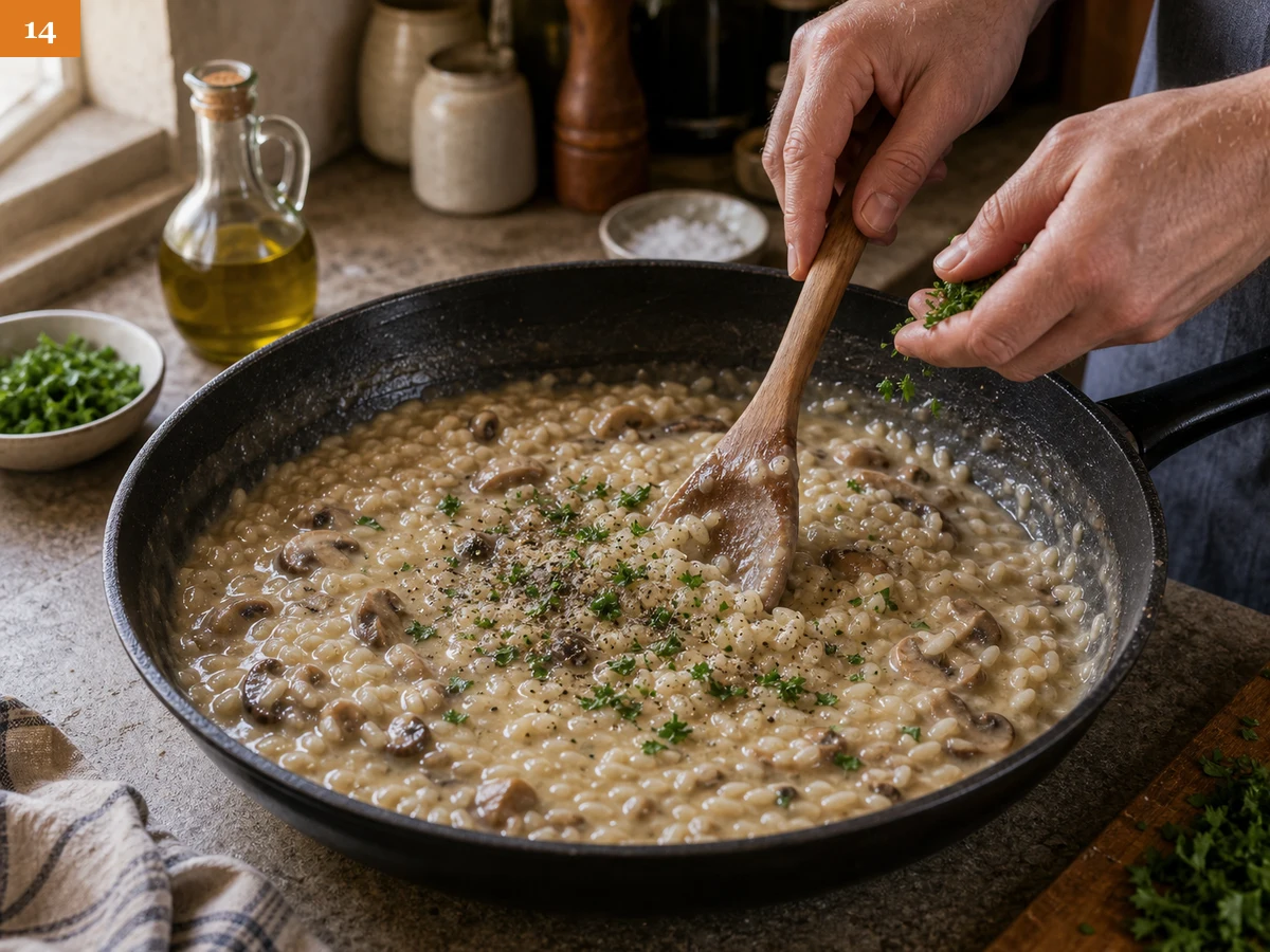 Ризотто с грибами | Фото подпункта 14 | Viva Cucina Ризотто с грибами: фото процесса приготовления — энергично перемешайте ризотто до глянцевой кремовой текстуры, затем добавьте чёрный перец и петрушку