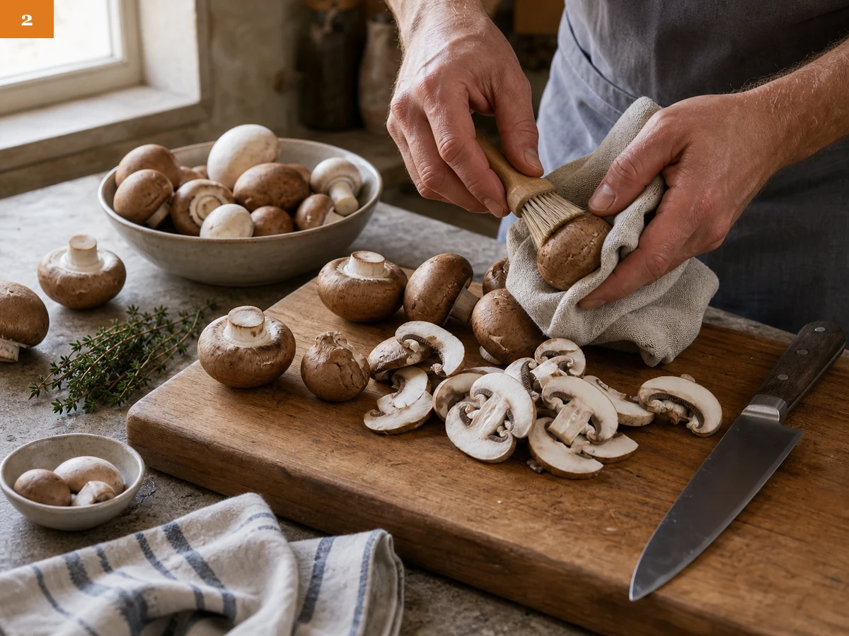 Ризотто с грибами | Фото подпункта 2 | Viva Cucina Ризотто с грибами: фото процесса приготовления — очистите грибы сухой щёткой или салфеткой и нарежьте их пластинами, не замачивая в воде