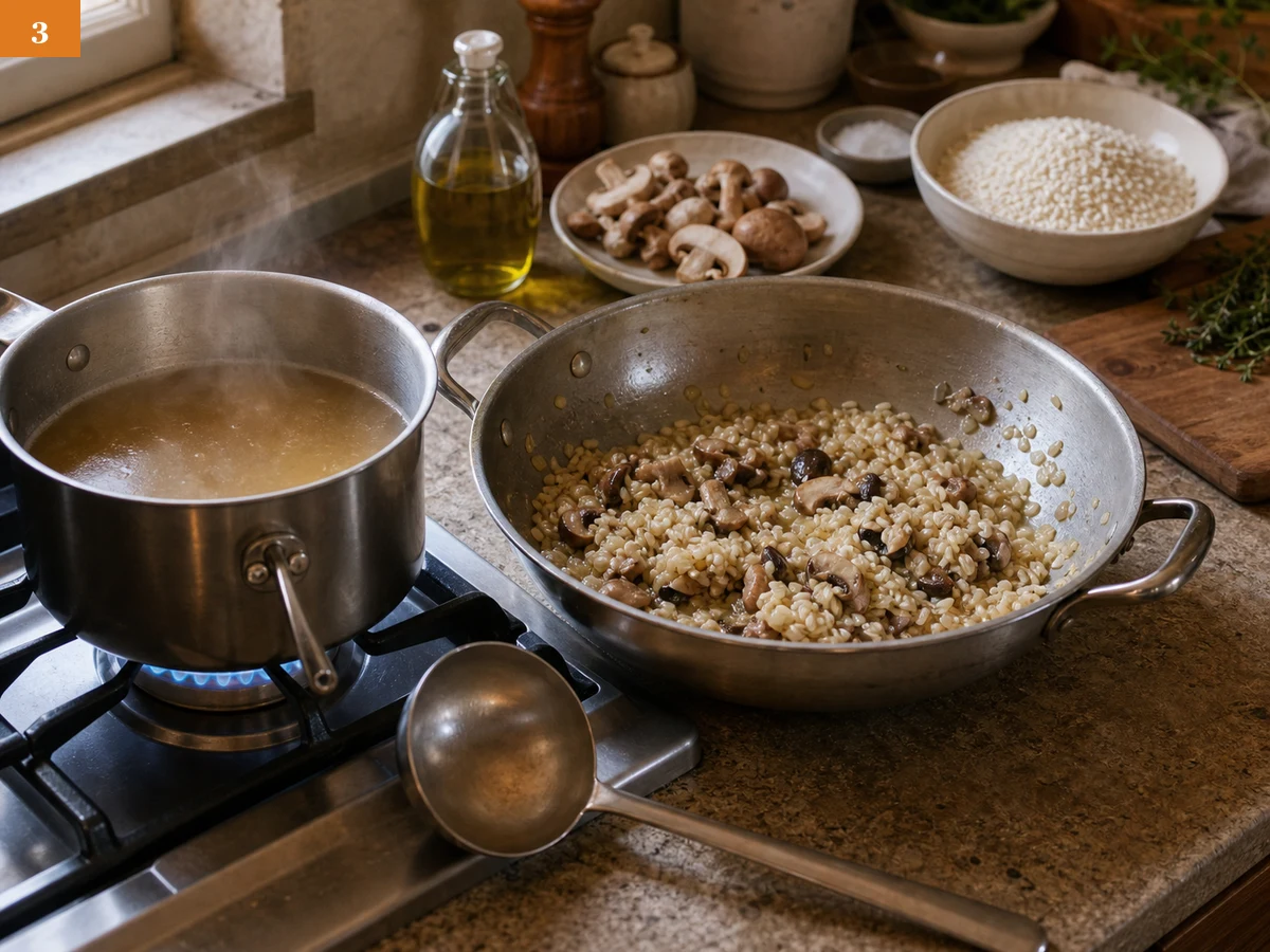 Ризотто с грибами | Фото подпункта 3 | Viva Cucina Ризотто с грибами: фото процесса приготовления — поставьте бульон на слабый огонь и держите его горячим, но без бурного кипения