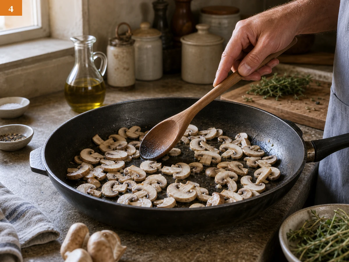 Ризотто с грибами | Фото подпункта 4 | Viva Cucina Ризотто с грибами: фото процесса приготовления — разогрейте широкую сковороду с оливковым маслом и выложите грибы одним слоем