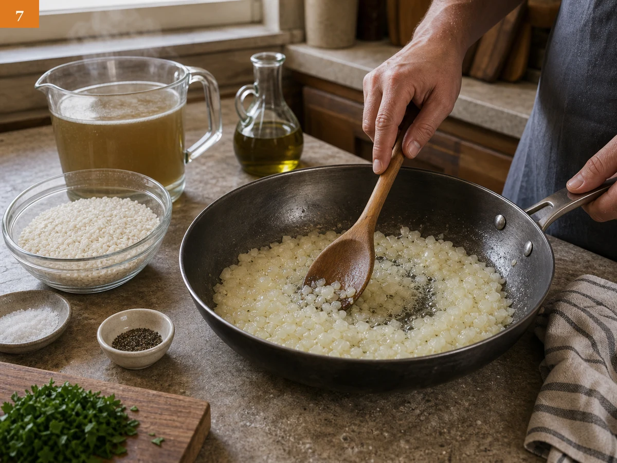 Ризотто с грибами | Фото подпункта 7 | Viva Cucina Ризотто с грибами: фото процесса приготовления — в сотейнике растопите часть сливочного масла и прогрейте мелко нарезанный лук до мягкости