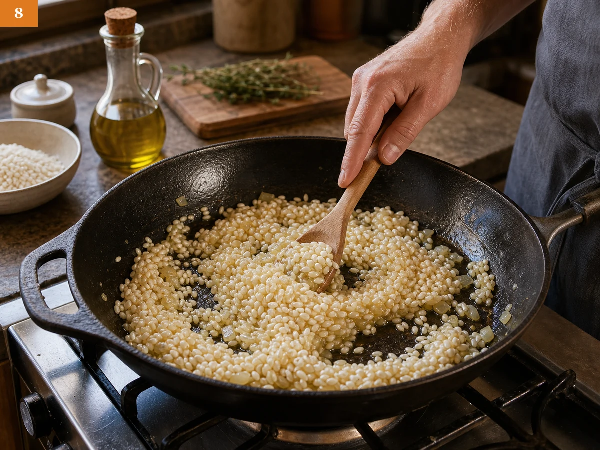Ризотто с грибами | Фото подпункта 8 | Viva Cucina Ризотто с грибами: фото процесса приготовления — всыпьте рис арборио и перемешивайте, пока зёрна не станут блестящими и слегка полупрозрачными по краям