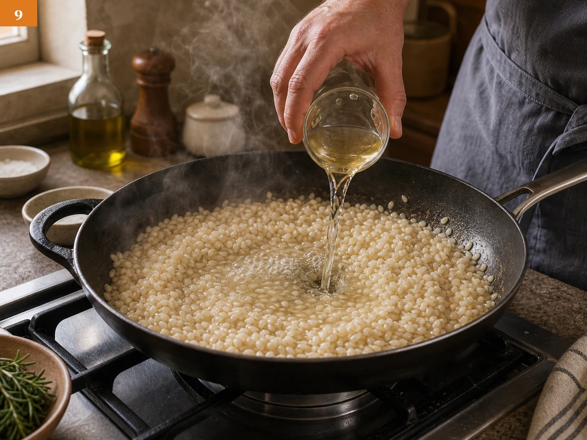 Ризотто с грибами | Фото подпункта 9 | Viva Cucina Ризотто с грибами: фото процесса приготовления — влейте белое вино и готовьте, пока резкий алкогольный запах не уйдёт, а жидкость почти полностью не впитается