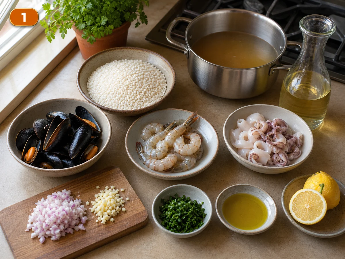 Ризотто с морепродуктами: фото процесса приготовления — разложите рис арборио, рыбный бульон, белое вино, креветки, мидии, кальмар, шалот, чеснок, петрушку и лимон