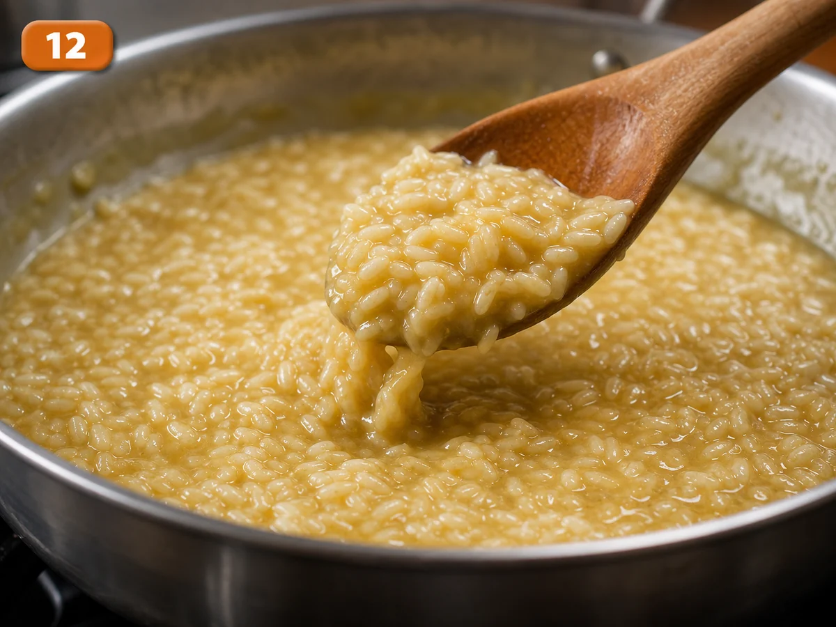 Ризотто с морепродуктами: фото процесса приготовления — когда рис почти al dente, проверьте, что ризотто остаётся текучим, а не сухим