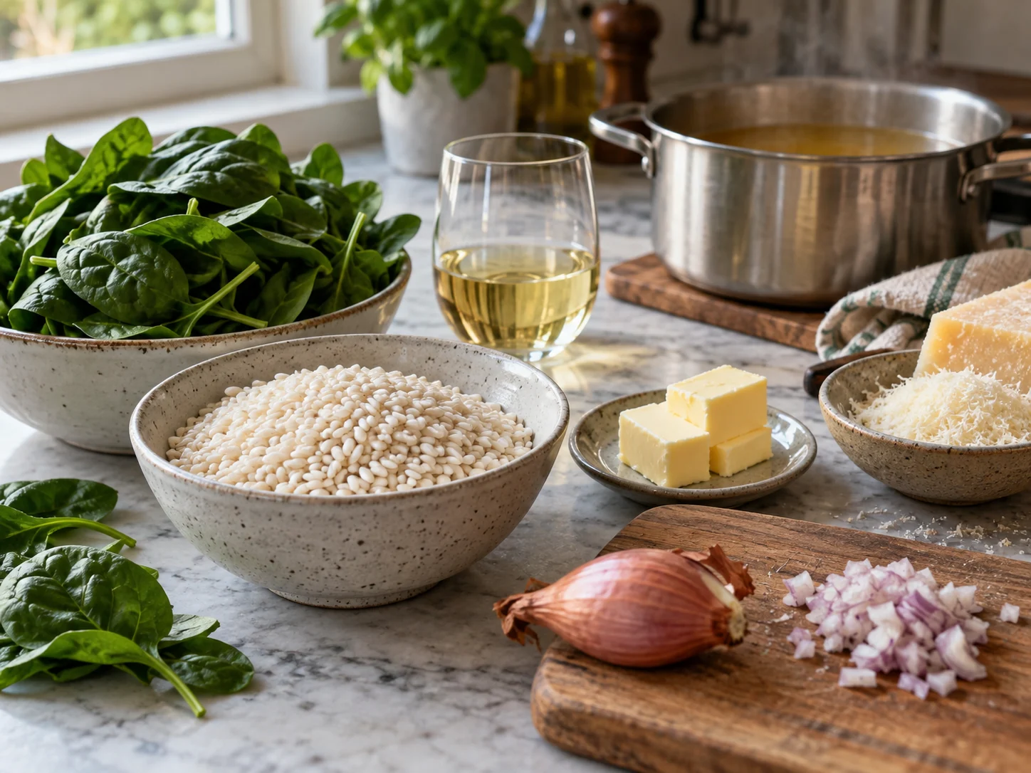 Ризотто со шпинатом | Фото подпункта 1 | Viva Cucina Ризотто со шпинатом: фото процесса приготовления — разложите Рис арборио, Бульон, Белое сухое вино, Сливочное масло, соль, масло, специи и нужную посуду так, чтобы всё было под рукой до начала готовки