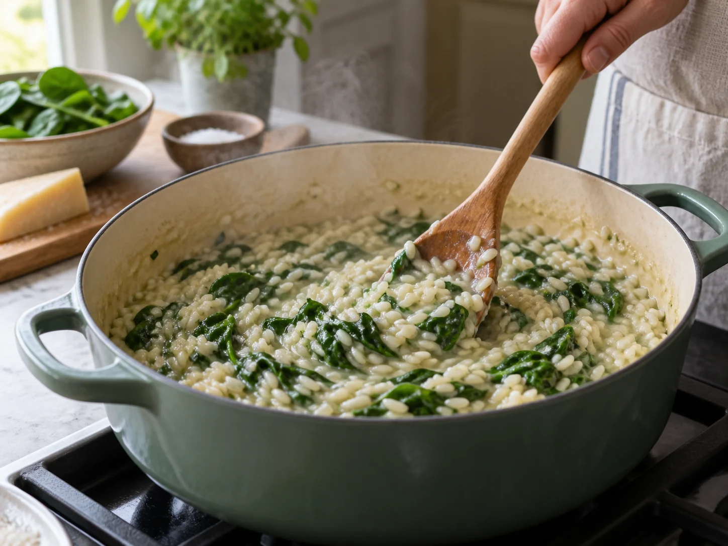Ризотто со шпинатом | Фото подпункта 10 | Viva Cucina Ризотто со шпинатом: фото процесса приготовления — соедините подготовленные компоненты в широкой посуде, где их удобно перемешивать