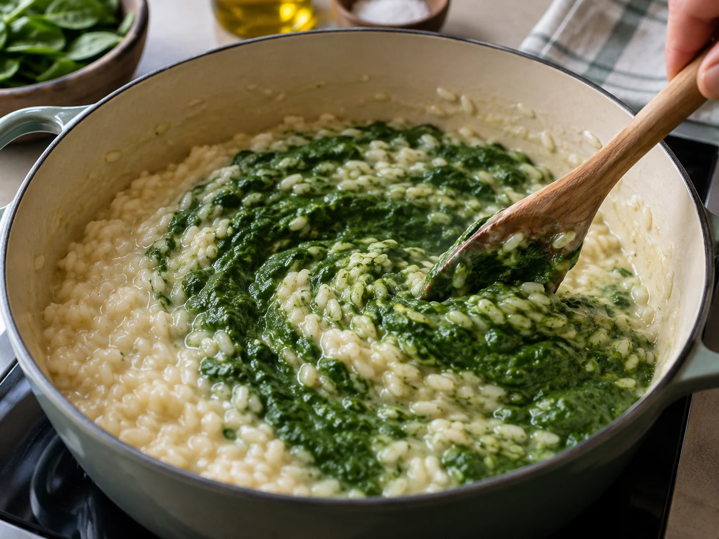 Ризотто со шпинатом | Фото подпункта 12 | Viva Cucina Ризотто со шпинатом: фото процесса приготовления — доведите блюдо до единой сочной текстуры, не перегревая нежные ингредиенты
