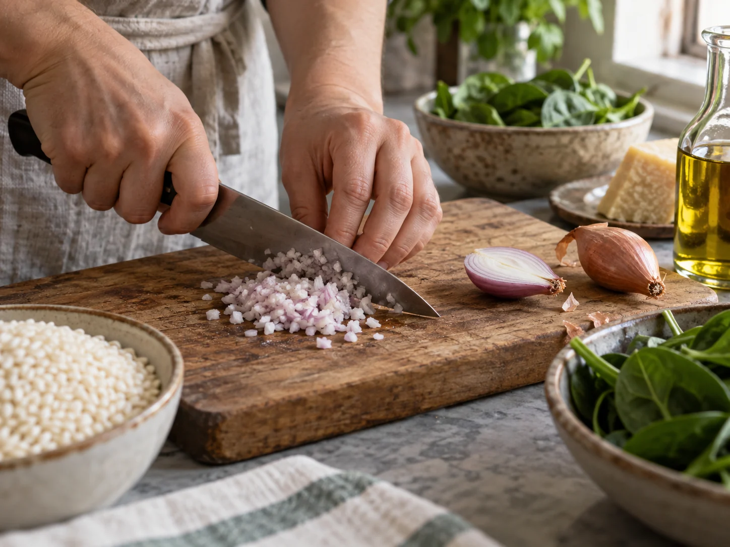 Ризотто со шпинатом | Фото подпункта 2 | Viva Cucina Ризотто со шпинатом: фото процесса приготовления — проверьте свежесть и состояние основных продуктов: уберите лишнюю влагу, грубые части и всё, что может испортить текстуру