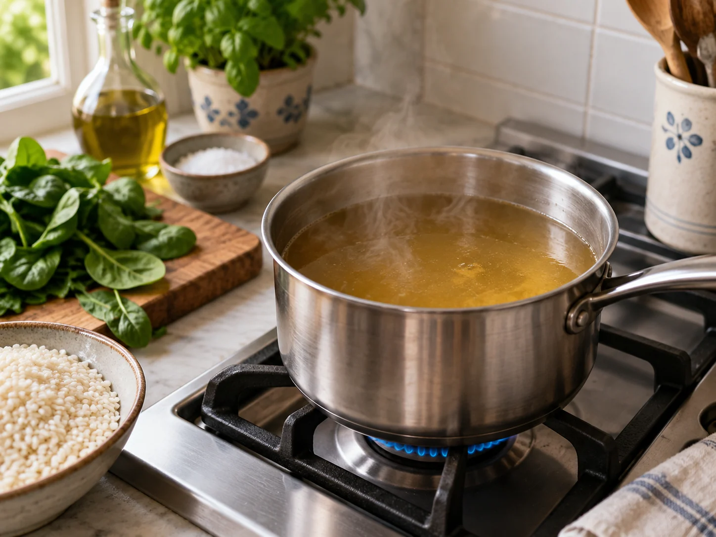 Ризотто со шпинатом | Фото подпункта 3 | Viva Cucina Ризотто со шпинатом: фото процесса приготовления — нарежьте, отмерьте и подготовьте ингредиенты для первого активного этапа, чтобы дальше работать без пауз