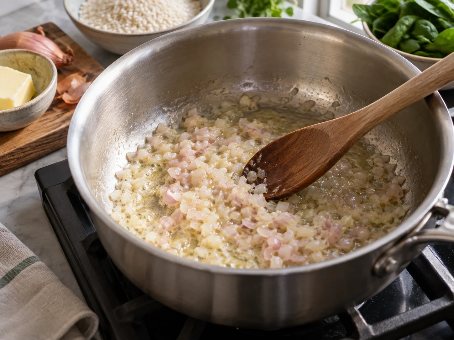 Ризотто со шпинатом | Фото подпункта 4 | Viva Cucina Ризотто со шпинатом: фото процесса приготовления — подготовьте основу для ризотто со шпинатом: прогрейте сковороду или кастрюлю и начните с ароматных ингредиентов