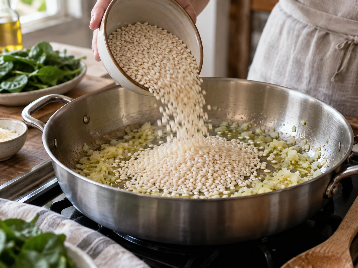 Ризотто со шпинатом | Фото подпункта 5 | Viva Cucina Ризотто со шпинатом: фото процесса приготовления — готовьте главный компонент этого этапа на умеренном огне, добиваясь вкуса, но не пересушивая его