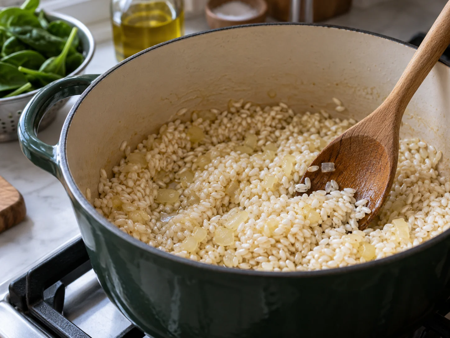 Ризотто со шпинатом | Фото подпункта 6 | Viva Cucina Ризотто со шпинатом: фото процесса приготовления — снимите или отложите всё, что не должно долго готовиться, чтобы вернуть это в блюдо ближе к финалу