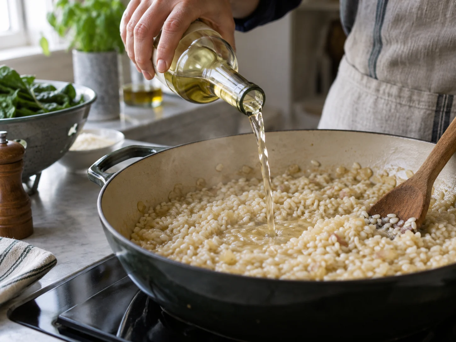 Ризотто со шпинатом | Фото подпункта 7 | Viva Cucina Ризотто со шпинатом: фото процесса приготовления — выполните основной шаг "прожарить рис", не торопясь и сохраняя контроль над текстурой
