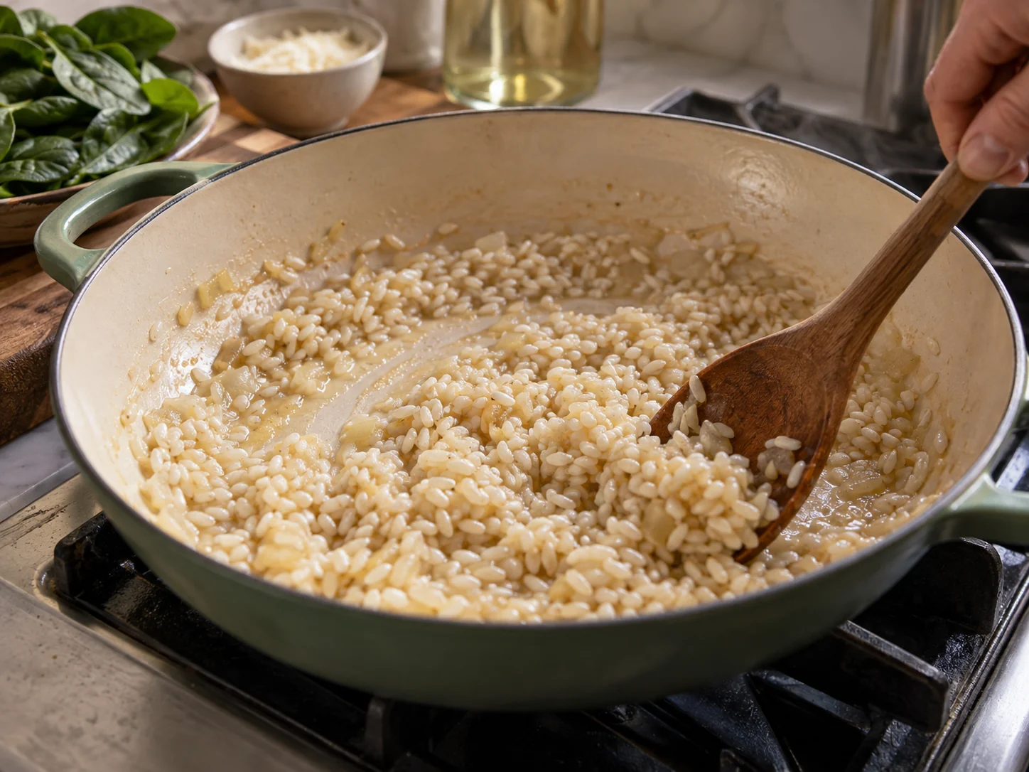 Ризотто со шпинатом | Фото подпункта 8 | Viva Cucina Ризотто со шпинатом: фото процесса приготовления — добавляйте жидкость, соус или начинку постепенно, чтобы блюдо собиралось равномерно