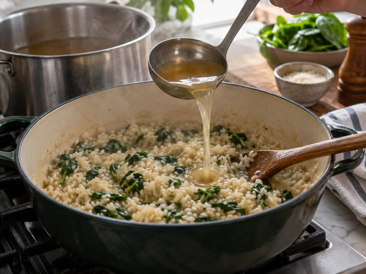 Ризотто со шпинатом | Фото подпункта 9 | Viva Cucina Ризотто со шпинатом: фото процесса приготовления — проверьте промежуточный вкус и состояние продукта перед переходом к финальной сборке