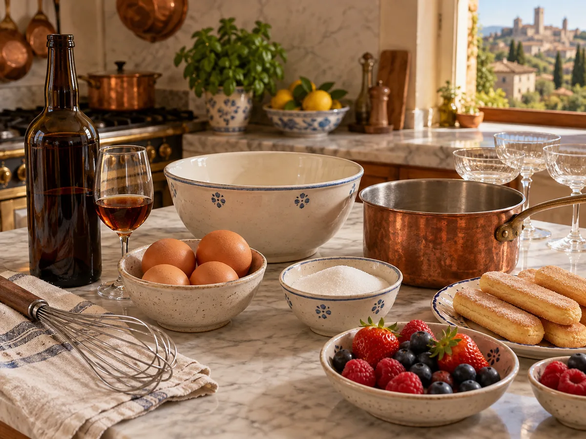 Сабайон | Фото подпункта 1 | Viva Cucina Сабайон: фото процесса приготовления — подготовьте яйца, сахар, марсалу, посуду и дополнения для подачи