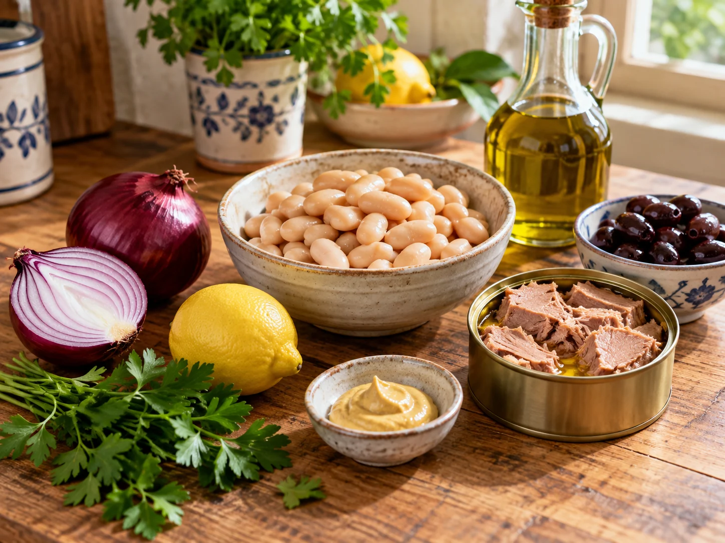 Салат с тунцом и фасолью | Фото подпункта 1 | Viva Cucina Салат с тунцом и фасолью: фото процесса приготовления — разложите Тунец в оливковом масле, консервированный, Белая фасоль, консервированная, Оливковое масло extra vergine, Лимон, соль, масло, специи и нужную посуду так, чтобы всё было под рукой до начала готовки
