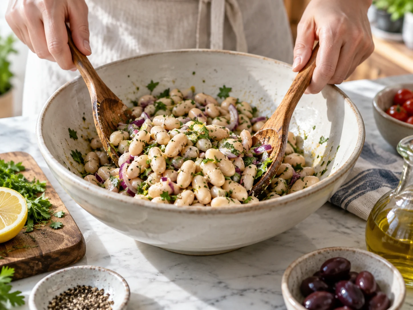 Салат с тунцом и фасолью | Фото подпункта 12 | Viva Cucina Салат с тунцом и фасолью: фото процесса приготовления — перед финалом ещё раз проверьте баланс соли, влажности и температуры
