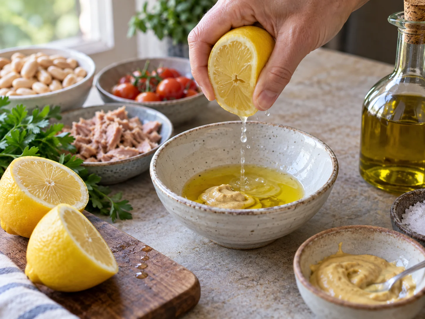 Салат с тунцом и фасолью | Фото подпункта 7 | Viva Cucina Салат с тунцом и фасолью: фото процесса приготовления — выполните основной шаг "сделать соус", не торопясь и сохраняя контроль над текстурой