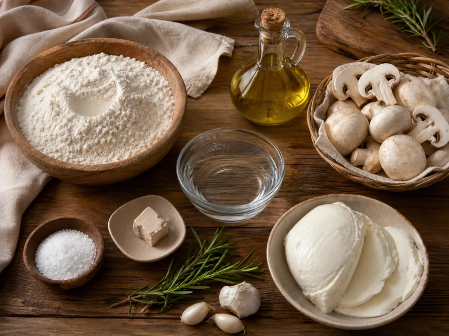 Скьяччата с начинкой: грибы и моцарелла | Фото подпункта 1 | Viva Cucina Скьяччата с начинкой: грибы и моцарелла: фото процесса приготовления — разложите Мука тип 00, Дрожжи сухие, Вода тёплая, Пармезан тёртый, соль, масло, специи и нужную посуду так, чтобы всё было под рукой до начала готовки