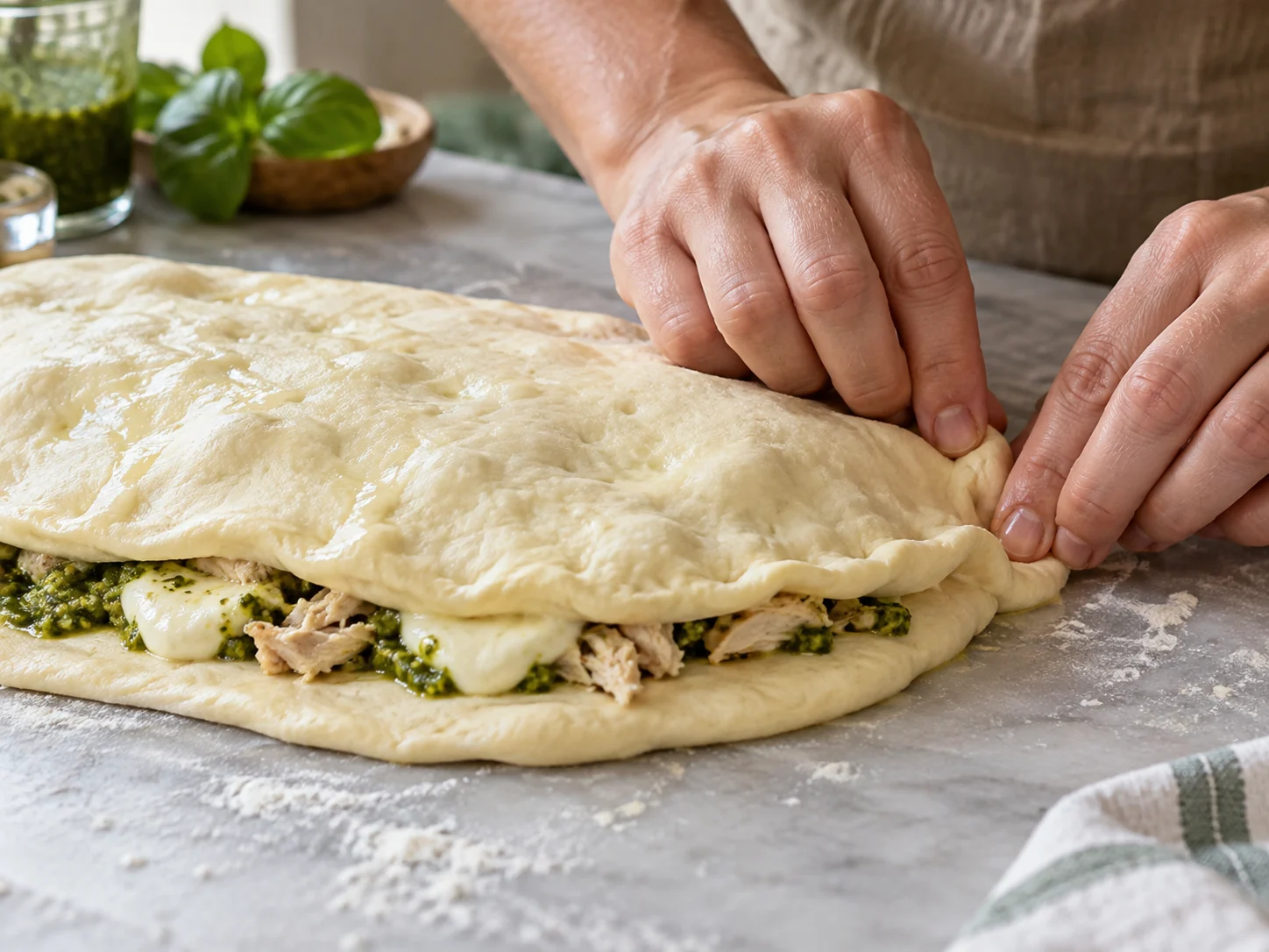 Скьяччата с начинкой: курица и песто | Фото подпункта 12 | Viva Cucina Скьяччата с начинкой: курица и песто: фото процесса приготовления — плотно защипните края по всему периметру, чтобы сыр не вытекал