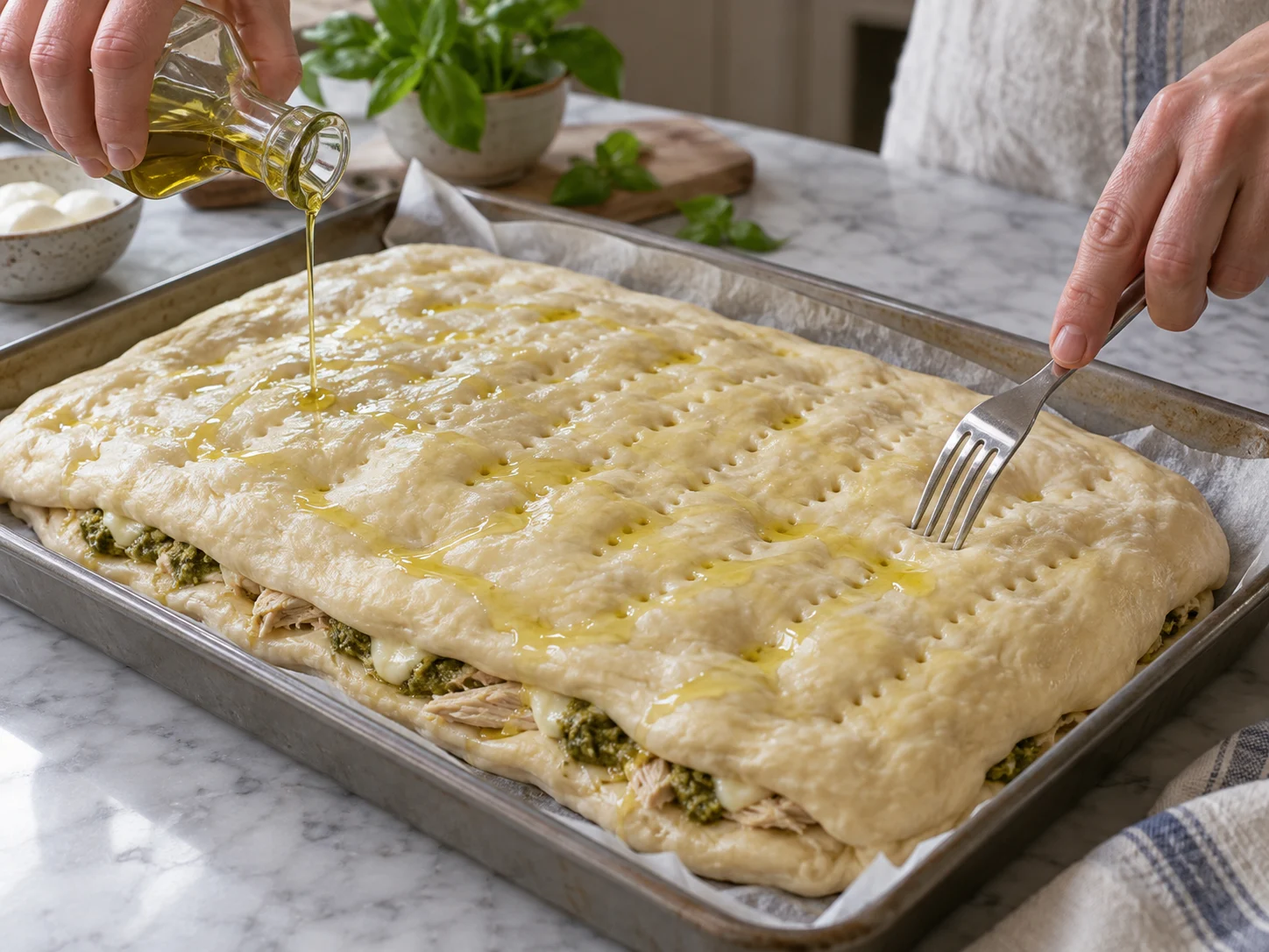 Скьяччата с начинкой: курица и песто | Фото подпункта 13 | Viva Cucina Скьяччата с начинкой: курица и песто: фото процесса приготовления — сделайте несколько проколов вилкой в верхнем пласте и смажьте поверхность оставшимся оливковым маслом