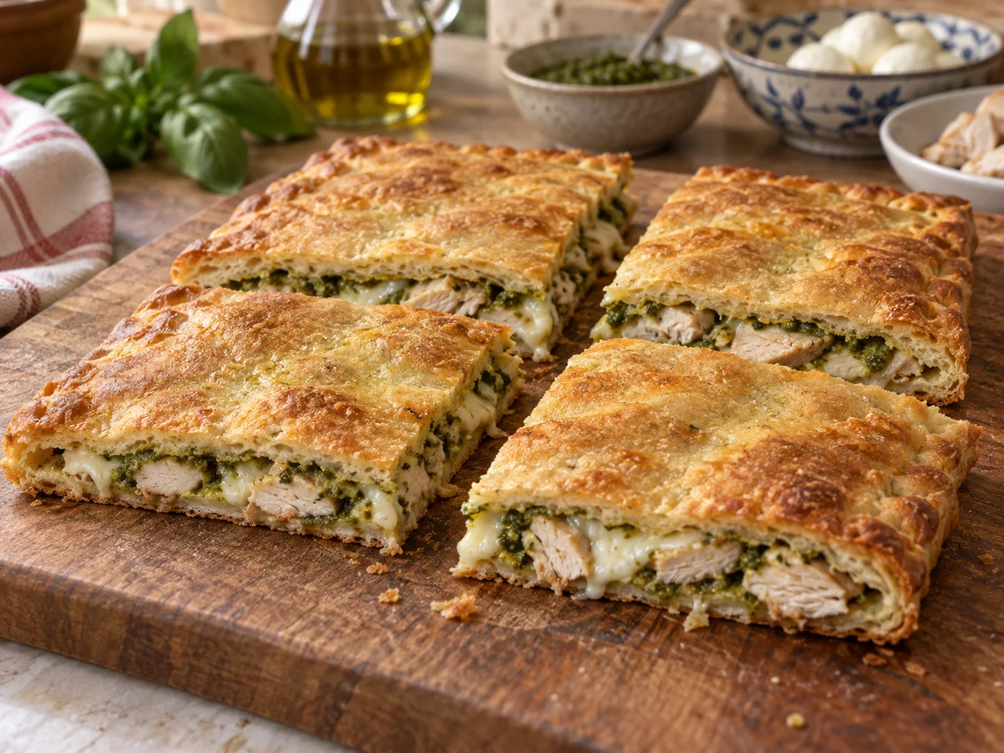 Скьяччата с начинкой: курица и песто | Фото подпункта 15 | Viva Cucina Скьяччата с начинкой: курица и песто: фото процесса приготовления — дайте скьяччате постоять 5 минут, разрежьте на четыре порции и подавайте тёплой