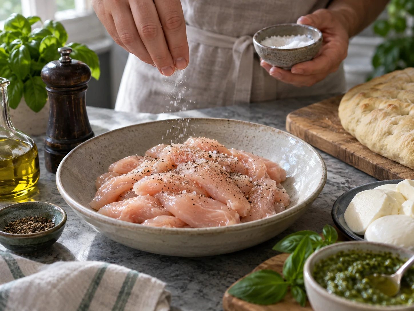 Скьяччата с начинкой: курица и песто | Фото подпункта 3 | Viva Cucina Скьяччата с начинкой: курица и песто: фото процесса приготовления — посолите и поперчите курицу непосредственно перед обжариванием