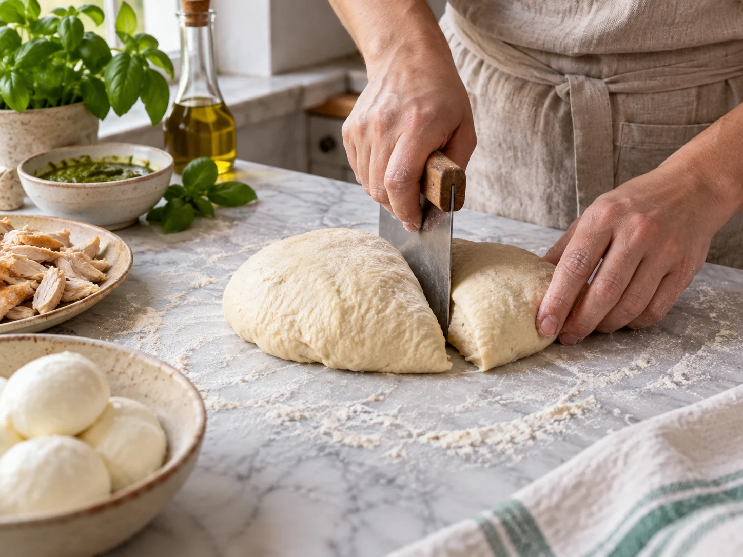 Скьяччата с начинкой: курица и песто | Фото подпункта 5 | Viva Cucina Скьяччата с начинкой: курица и песто: фото процесса приготовления — разделите 500 г готового дрожжевого теста на две равные части