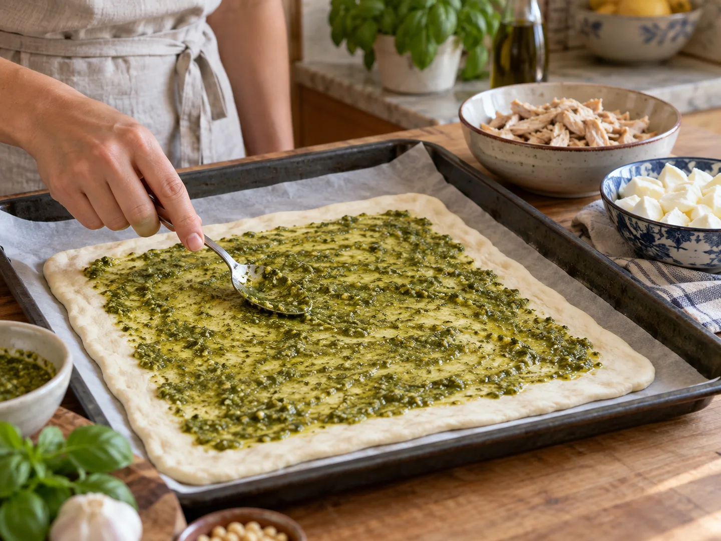 Скьяччата с начинкой: курица и песто | Фото подпункта 8 | Viva Cucina Скьяччата с начинкой: курица и песто: фото процесса приготовления — распределите песто тонким слоем, не доходя примерно 2 см до края