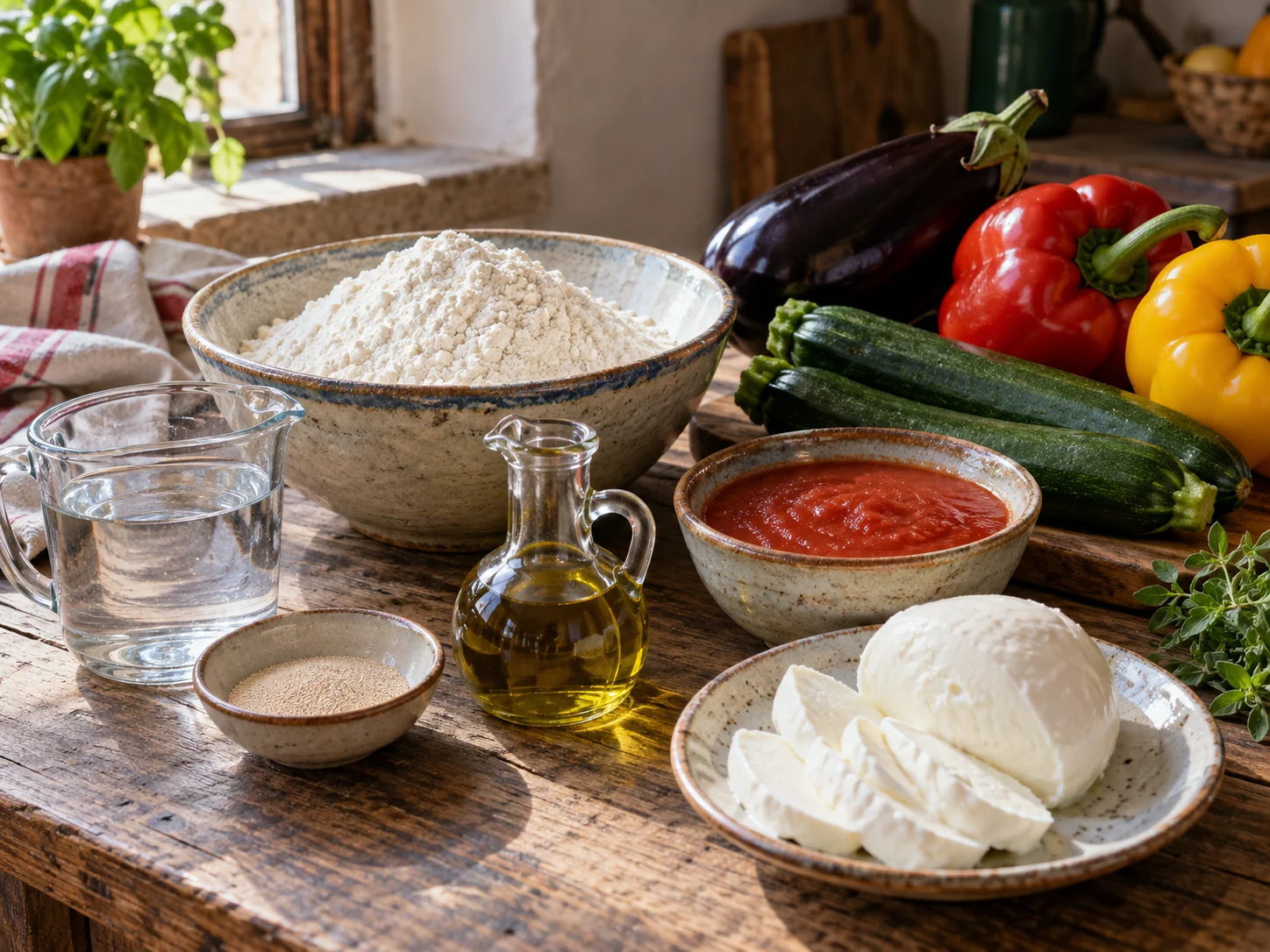Скьяччата с начинкой: овощи гриль | Фото подпункта 1 | Viva Cucina Скьяччата с начинкой: овощи гриль: фото процесса приготовления — разложите Мука тип 00, Дрожжи сухие, Вода тёплая, Белая фасоль, соль, масло, специи и нужную посуду так, чтобы всё было под рукой до начала готовки