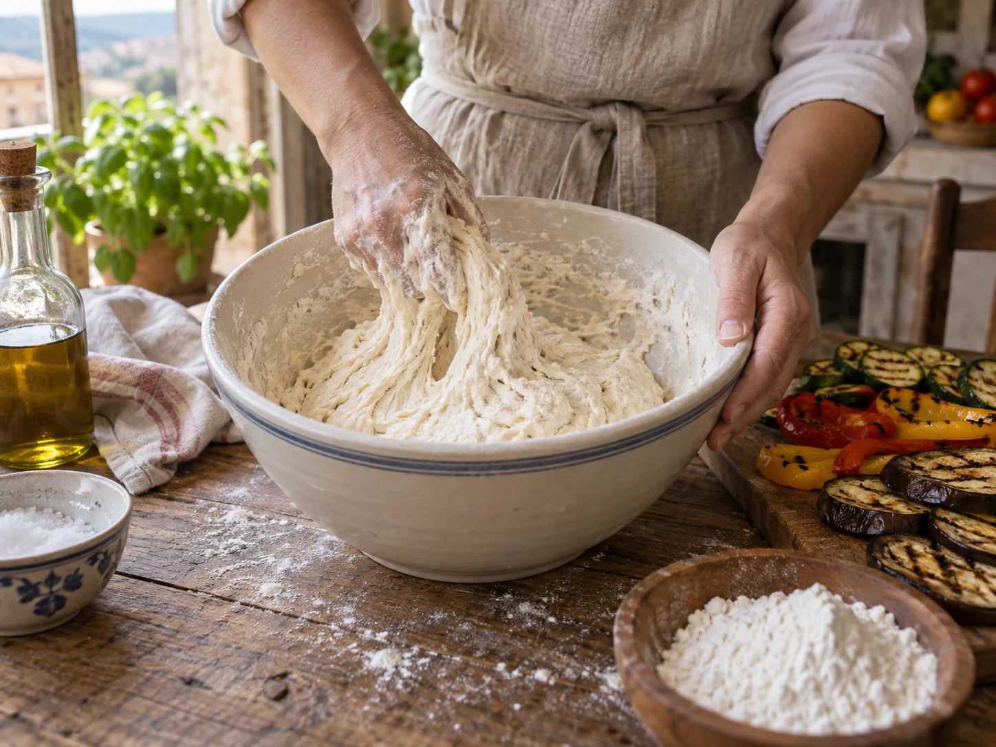 Скьяччата с начинкой: овощи гриль | Фото подпункта 5 | Viva Cucina Скьяччата с начинкой: овощи гриль: фото процесса приготовления — вымесите, растяните или разделите основу так, как требует форма блюда, стараясь не разрушать воздушность