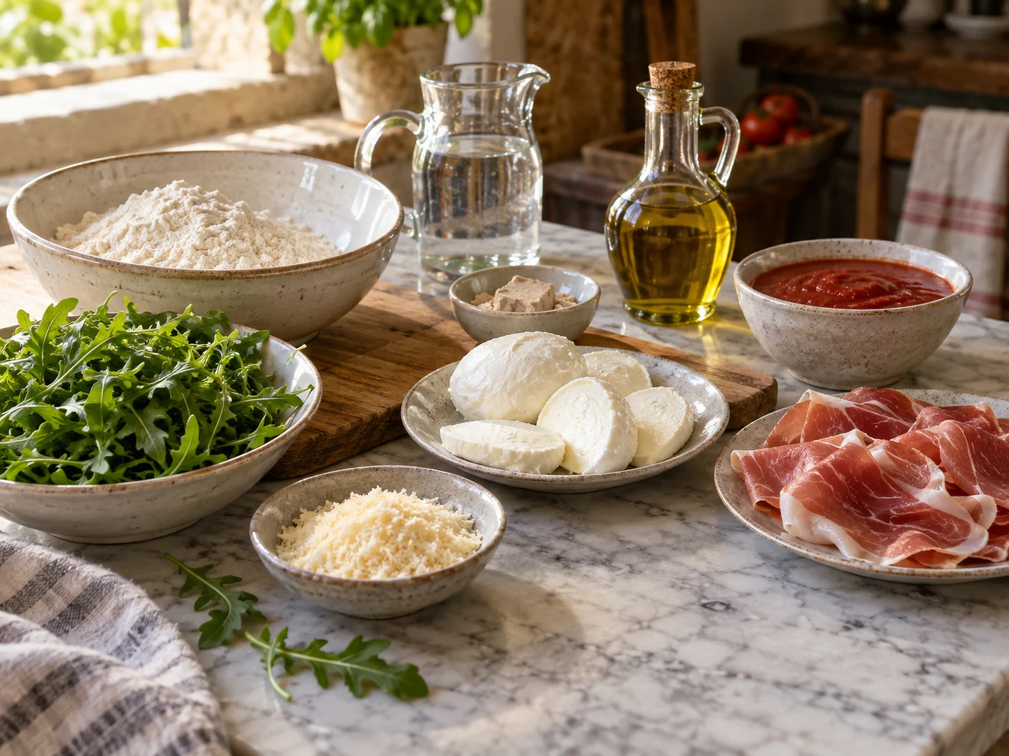 Скьяччата с начинкой: прошуто и руккола | Фото подпункта 1 | Viva Cucina Скьяччата с начинкой: прошуто и руккола: фото процесса приготовления — разложите Мука тип 00, Дрожжи сухие, Вода тёплая, Моцарелла, соль, масло, специи и нужную посуду так, чтобы всё было под рукой до начала готовки
