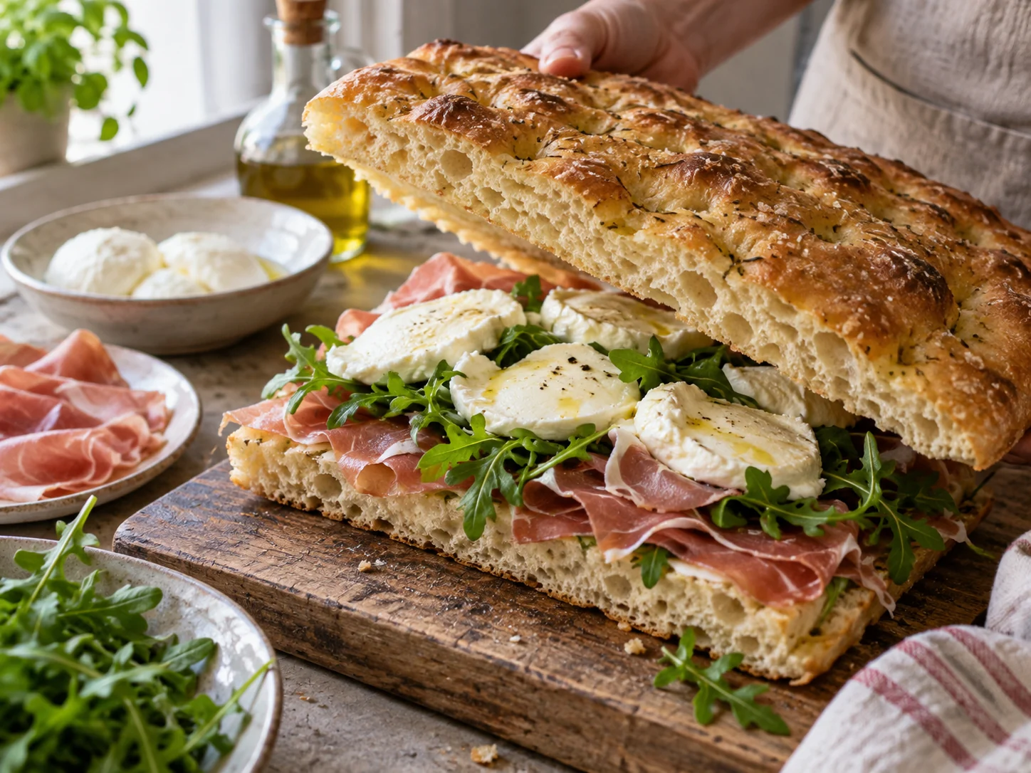 Скьяччата с начинкой: прошуто и руккола | Фото подпункта 12 | Viva Cucina Скьяччата с начинкой: прошуто и руккола: фото процесса приготовления — перед выпечкой проверьте, что поверхность покрыта равномерно и заготовка легко перенесётся в духовку