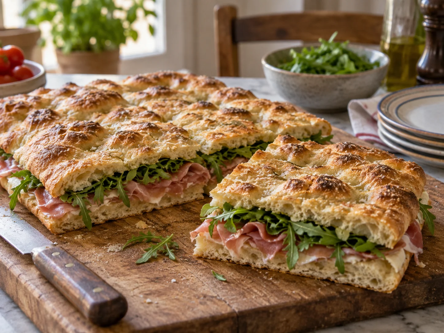 Скьяччата с начинкой: прошуто и руккола | Фото подпункта 15 | Viva Cucina Скьяччата с начинкой: прошуто и руккола: фото процесса приготовления — подавайте сразу или после короткого отдыха, когда блюдо выглядит собранным и аккуратным