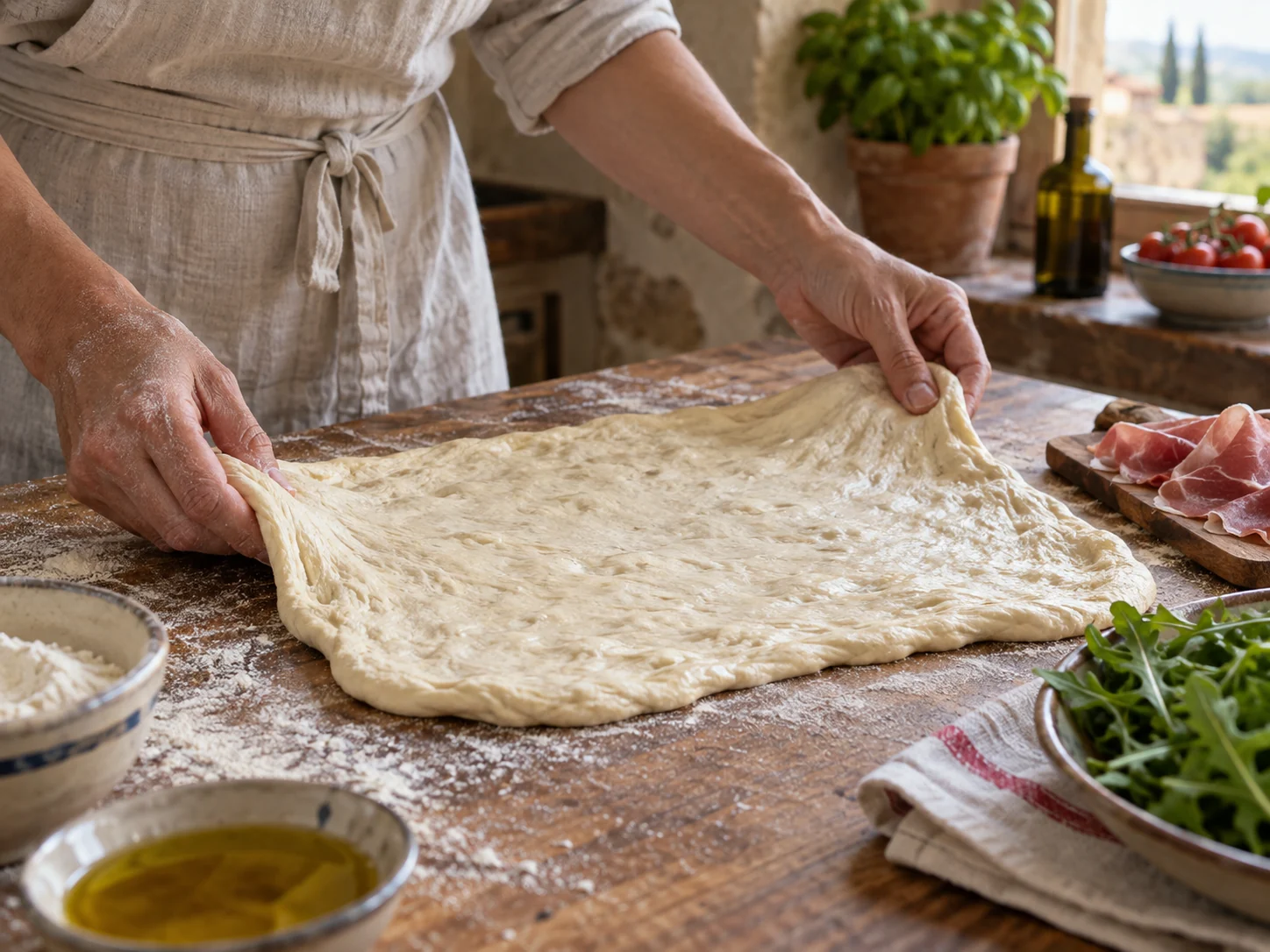 Скьяччата с начинкой: прошуто и руккола | Фото подпункта 5 | Viva Cucina Скьяччата с начинкой: прошуто и руккола: фото процесса приготовления — вымесите, растяните или разделите основу так, как требует форма блюда, стараясь не разрушать воздушность