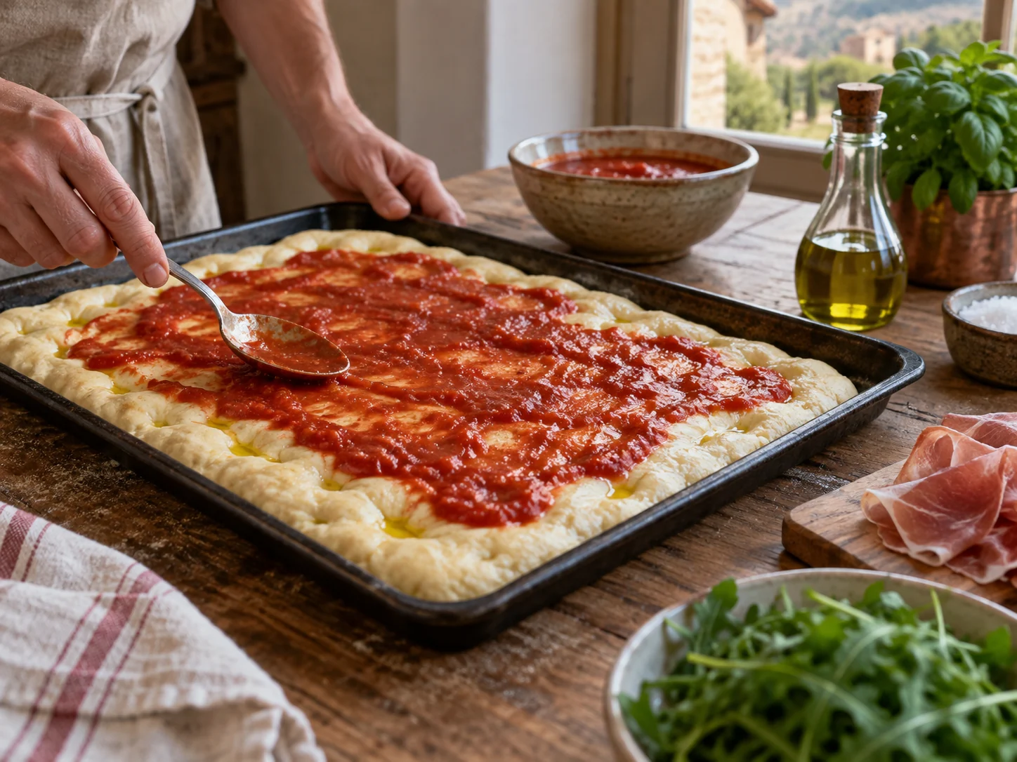 Скьяччата с начинкой: прошуто и руккола | Фото подпункта 6 | Viva Cucina Скьяччата с начинкой: прошуто и руккола: фото процесса приготовления — дайте заготовке коротко отдохнуть перед начинкой или выпечкой, если она начинает сопротивляться при формовке