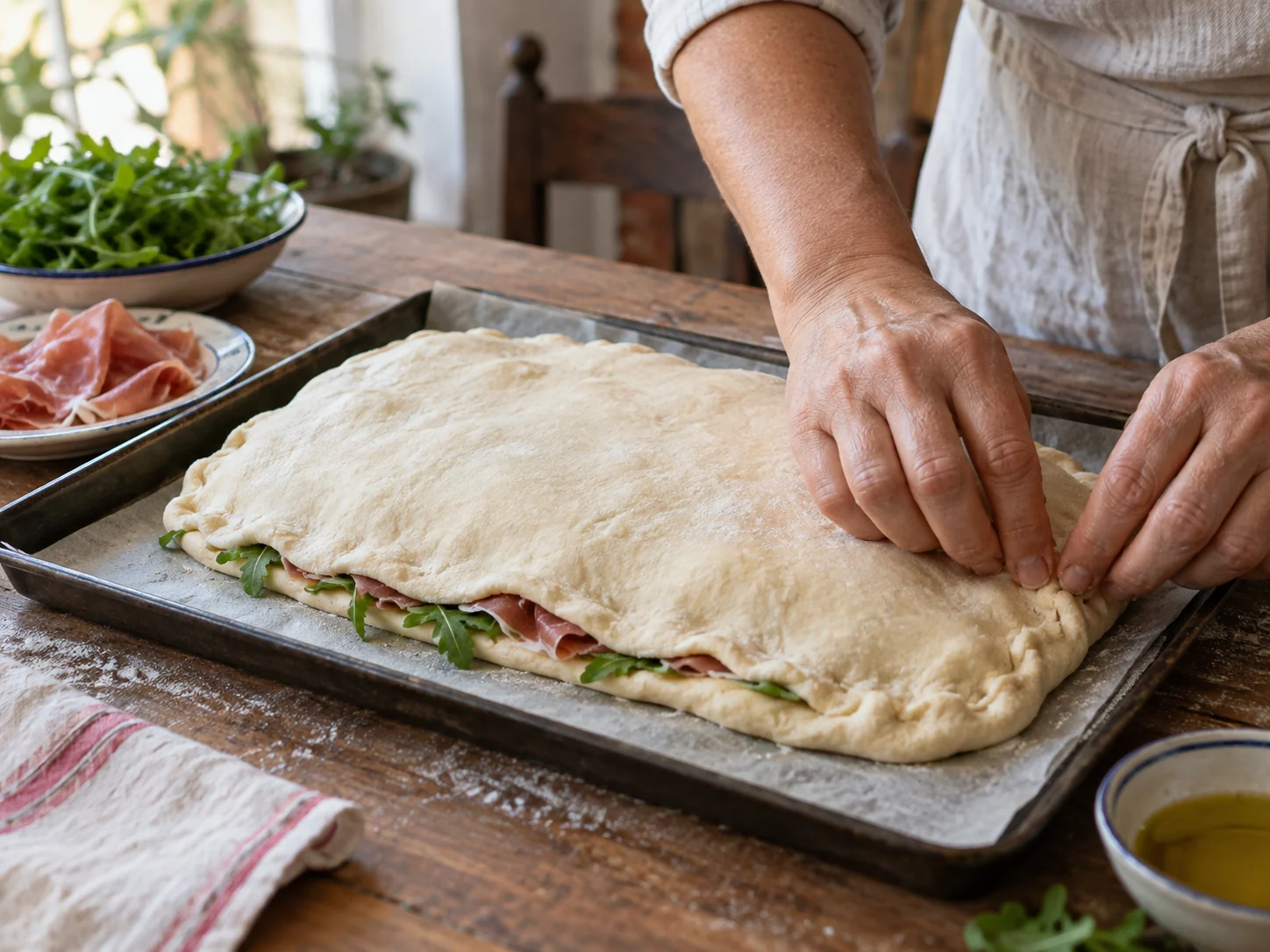 Скьяччата с начинкой: прошуто и руккола | Фото подпункта 8 | Viva Cucina Скьяччата с начинкой: прошуто и руккола: фото процесса приготовления — добавляйте жидкость, соус или начинку постепенно, чтобы блюдо собиралось равномерно