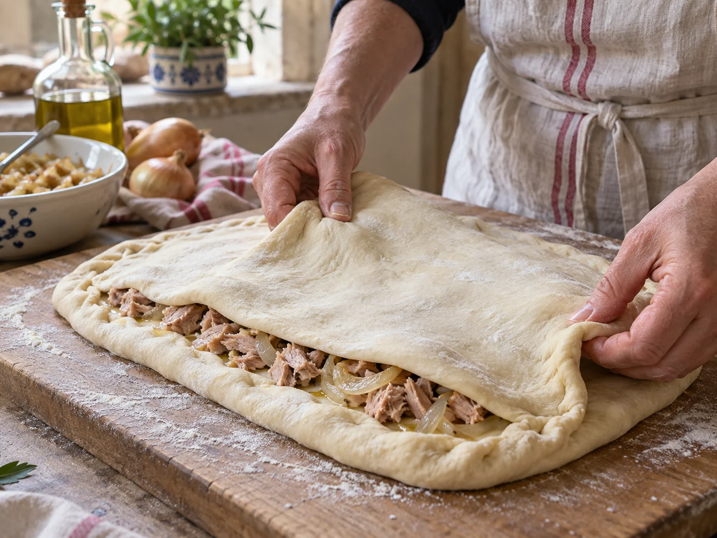 Скьяччата с начинкой: тунец и лук | Фото подпункта 12 | Viva Cucina Скьяччата с начинкой: тунец и лук: фото процесса приготовления — перед выпечкой проверьте, что поверхность покрыта равномерно и заготовка легко перенесётся в духовку