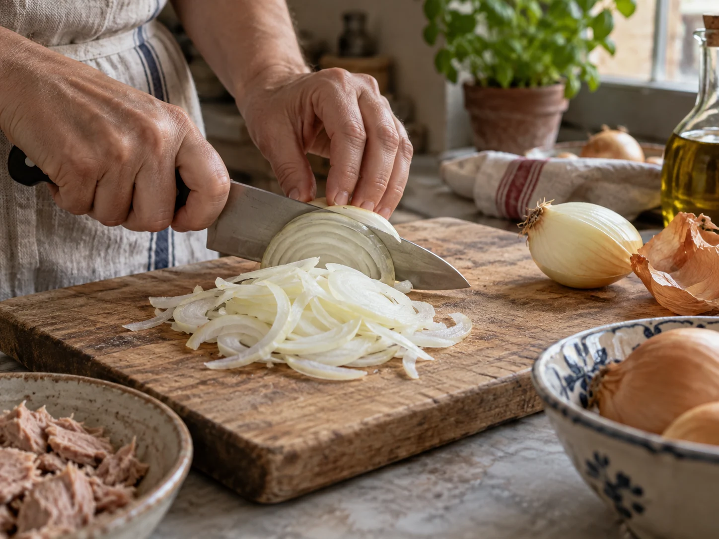 Скьяччата с начинкой: тунец и лук | Фото подпункта 2 | Viva Cucina Скьяччата с начинкой: тунец и лук: фото процесса приготовления — проверьте свежесть и состояние основных продуктов: уберите лишнюю влагу, грубые части и всё, что может испортить текстуру