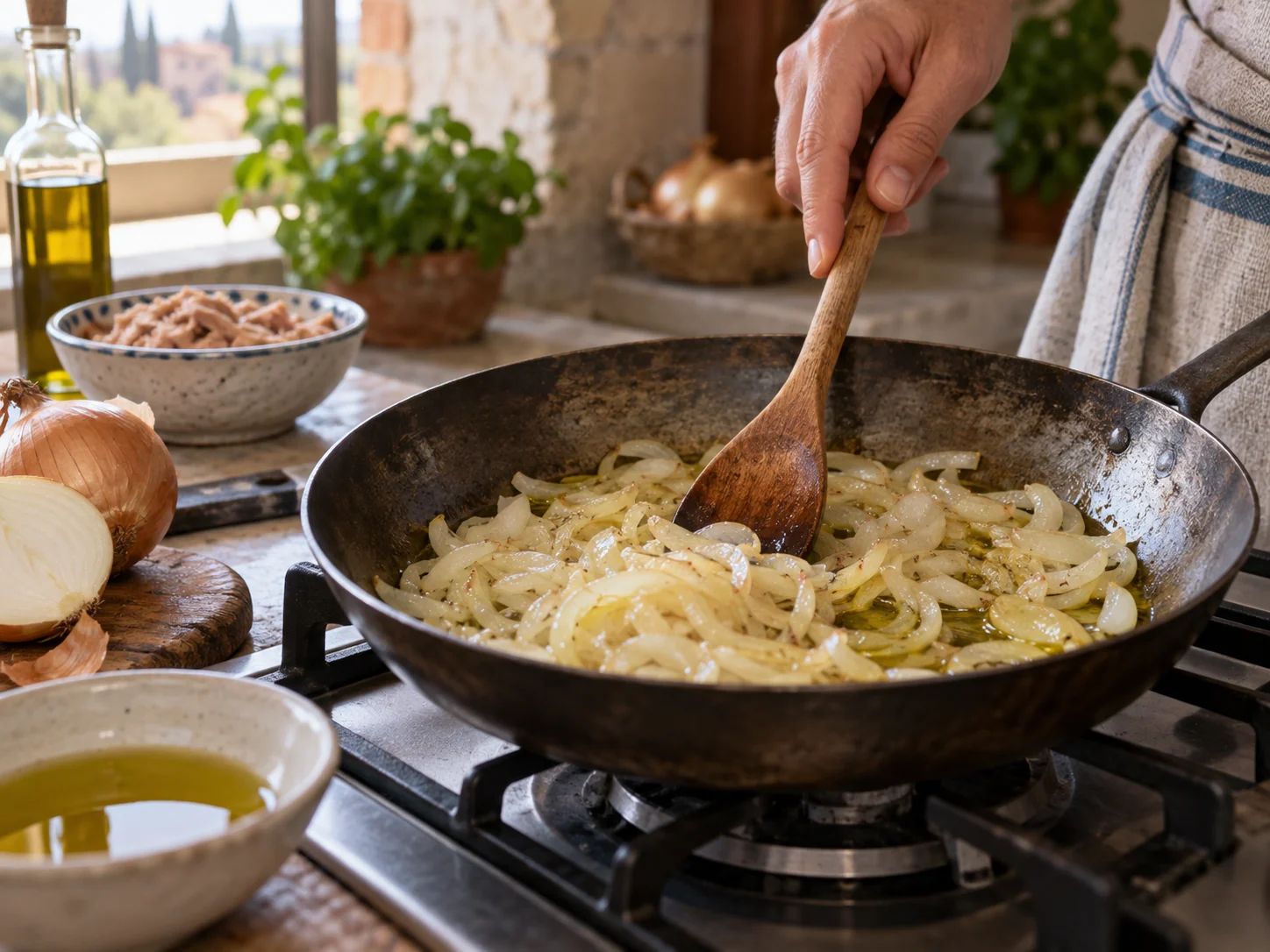 Скьяччата с начинкой: тунец и лук | Фото подпункта 3 | Viva Cucina Скьяччата с начинкой: тунец и лук: фото процесса приготовления — нарежьте, отмерьте и подготовьте ингредиенты для первого активного этапа, чтобы дальше работать без пауз