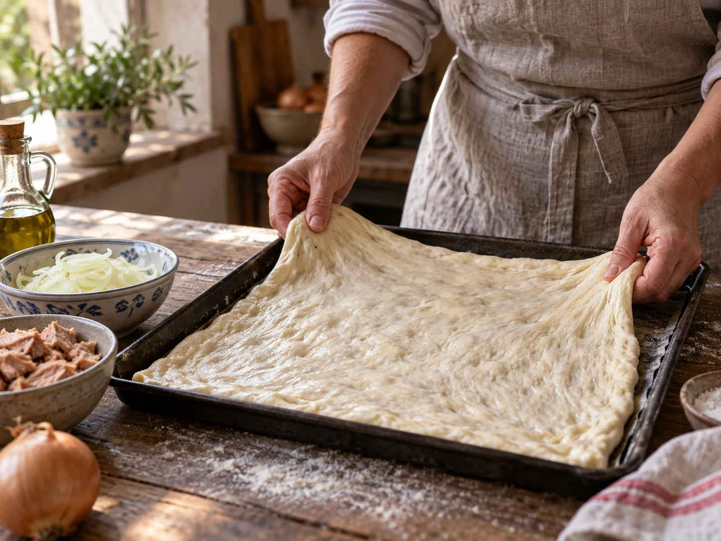 Скьяччата с начинкой: тунец и лук | Фото подпункта 8 | Viva Cucina Скьяччата с начинкой: тунец и лук: фото процесса приготовления — добавляйте жидкость, соус или начинку постепенно, чтобы блюдо собиралось равномерно